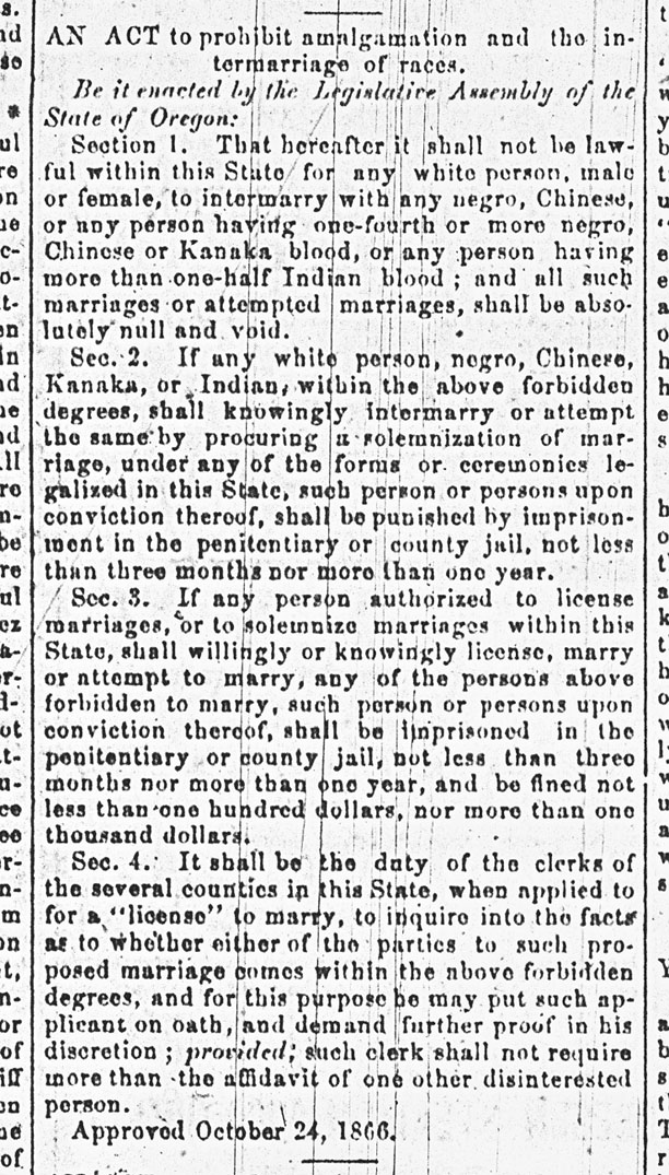 1. Act to Prohibit the Intermarriage of Races, 1866