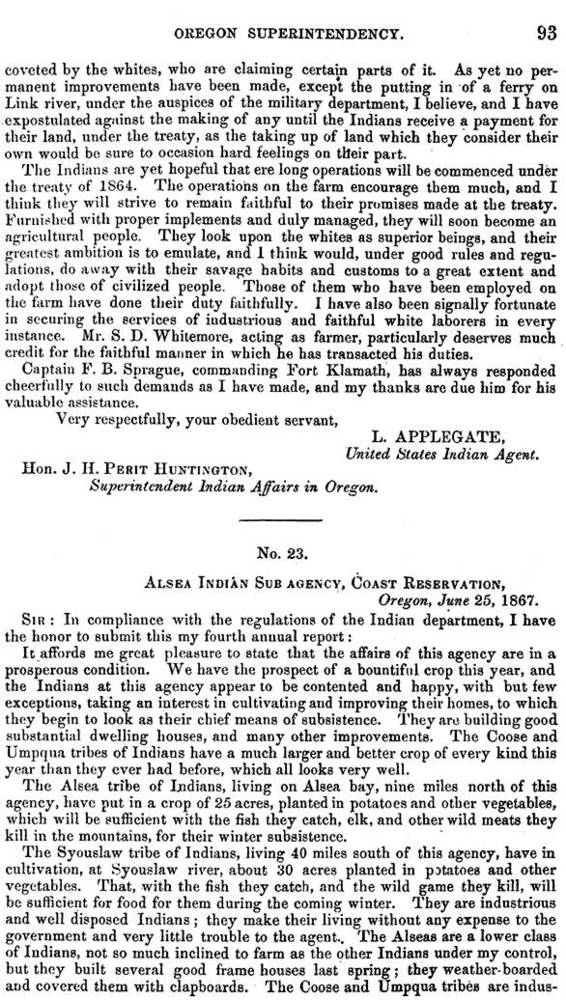 G. W. Collins' June 1867 report on the Alsea Sub-Agency