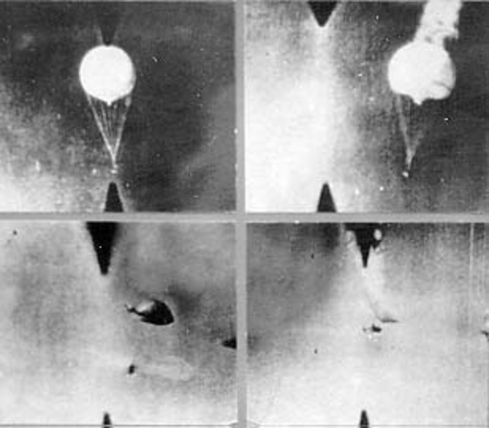 Gun camera photo sequence of Japanese balloon bomb being shot down in the Aleutian Islands, April 1945.