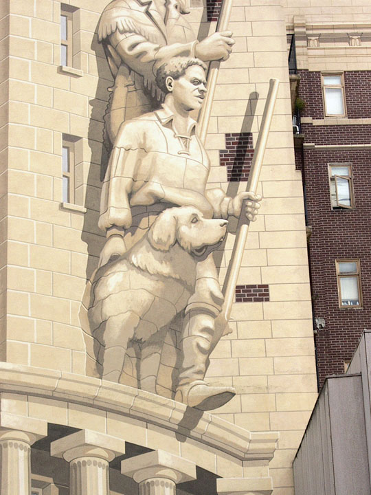 This image is a detail from Richard Haas' 1989 mural on the west side of downtown Portland's Sovereign Building, home of the Oregon Historical Society. It depicts York, the only African American member of the Lewis and Clark Expedition.