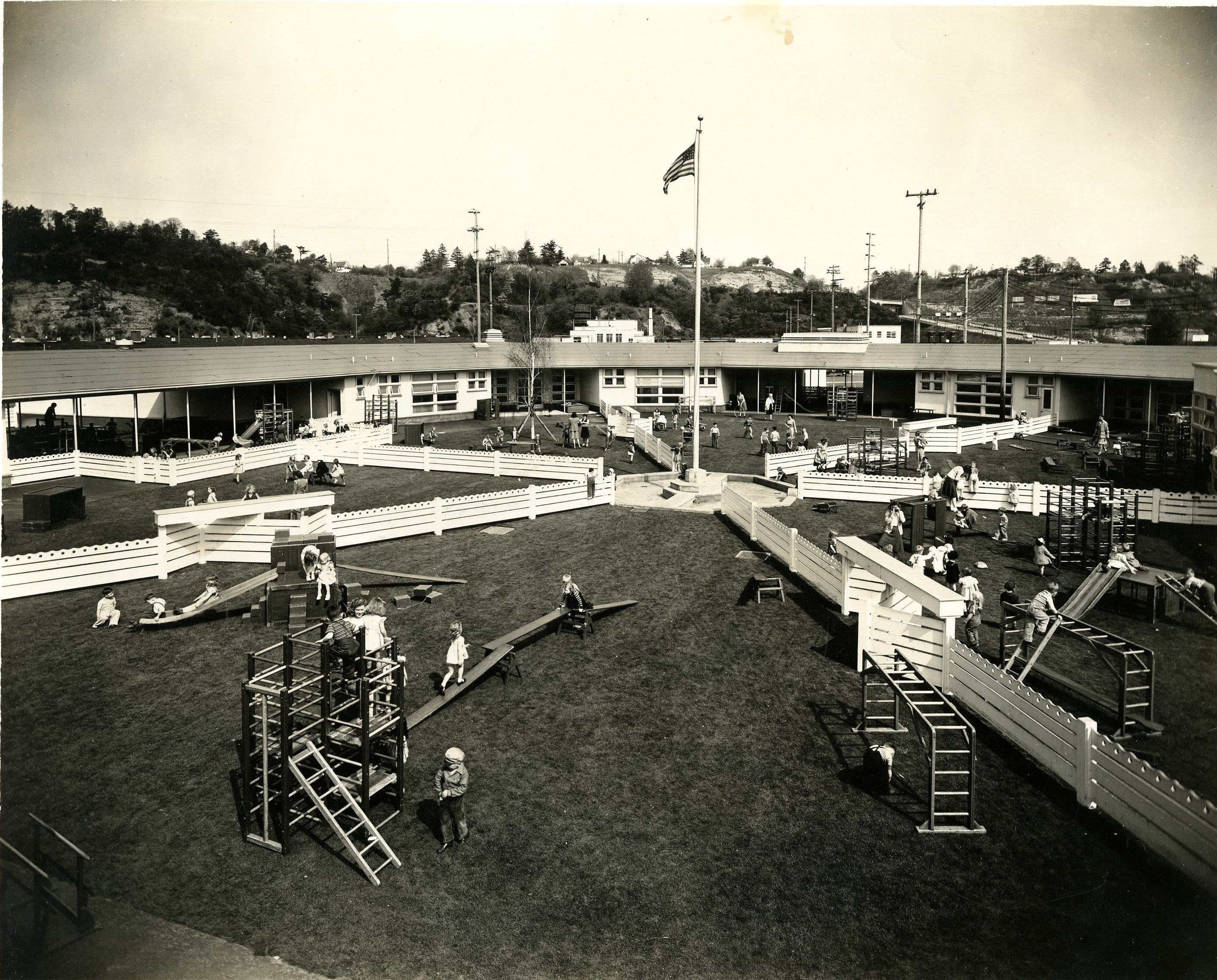 The playground was in the middle of the center, a design feature that made it easier for child care workers to keep track of the young, active children.