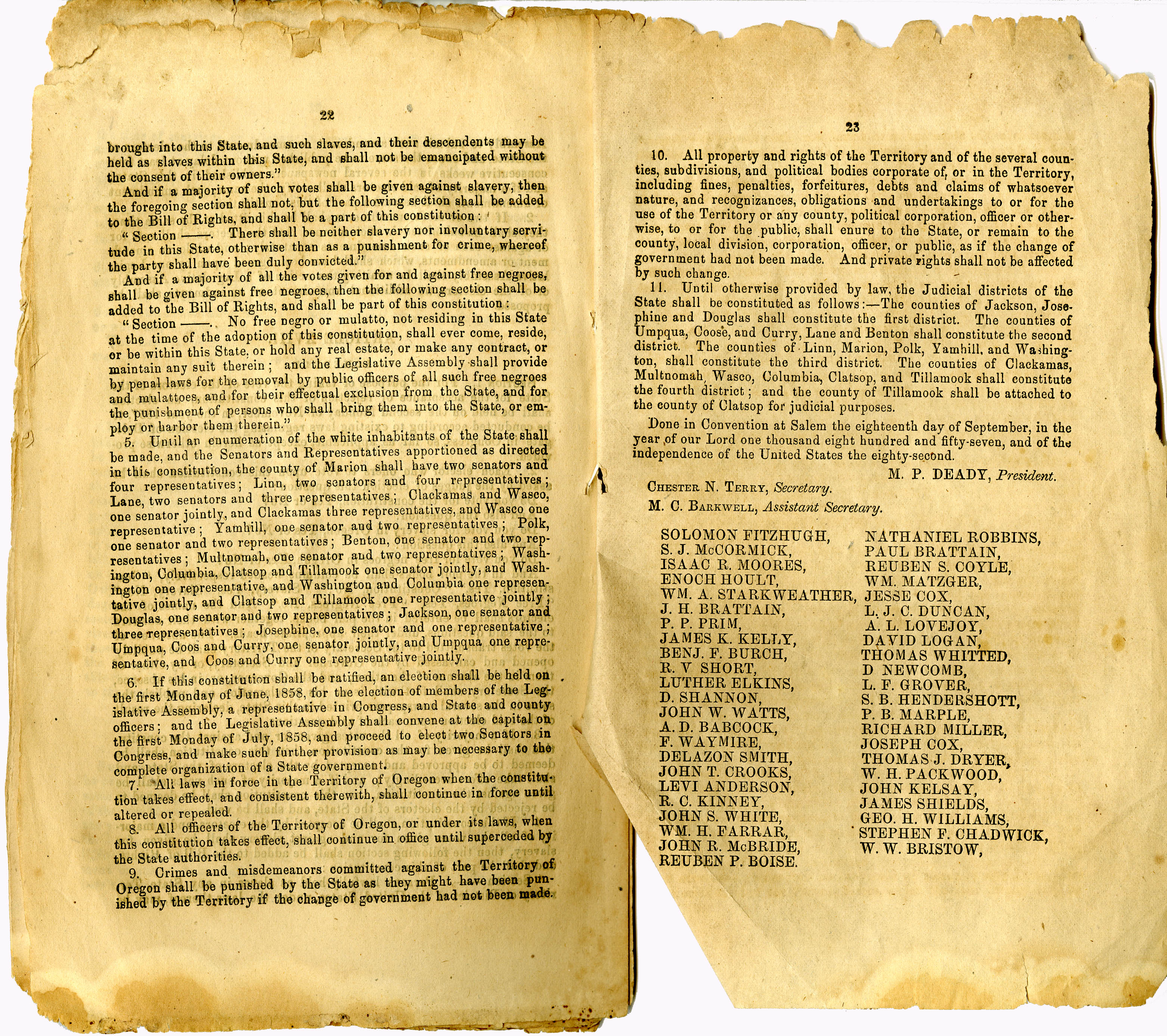 Article XVIII, State Constitution, outlining slavery and exclusion laws, 18...