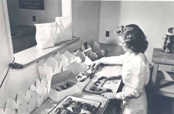 As a way to support working families, the Center offered a meal service. Shipyard workers could order meals in the morning and pick them up after their shifts when they came by to get their children. Women benefited enormously--they were relieved from the labor of cooking dinner for the family after a full-day's work in the yards.