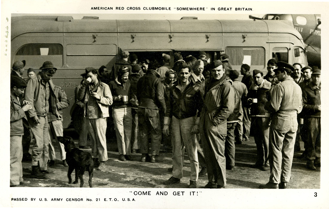 Soldiers from allied forces in Europe take advantage of the Red Cross mobile comfort stations.