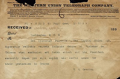 Telegram to Governor Pennoyer